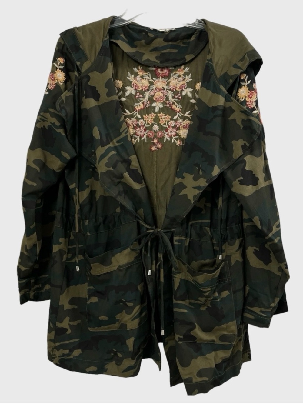 ANDREE BY UNIT NWT Boho Olive Green Camouflage Utility Jacket Floral Embroidery